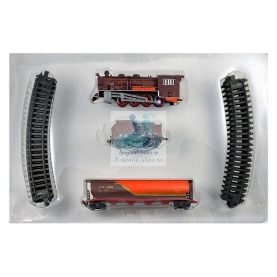 Trenulet electric de marfa cu lumini sunete si 2 vagoane