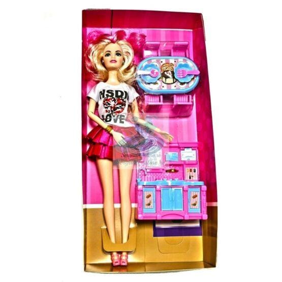 Papusa 28 cm cu articulatii si accesorii bucatarie