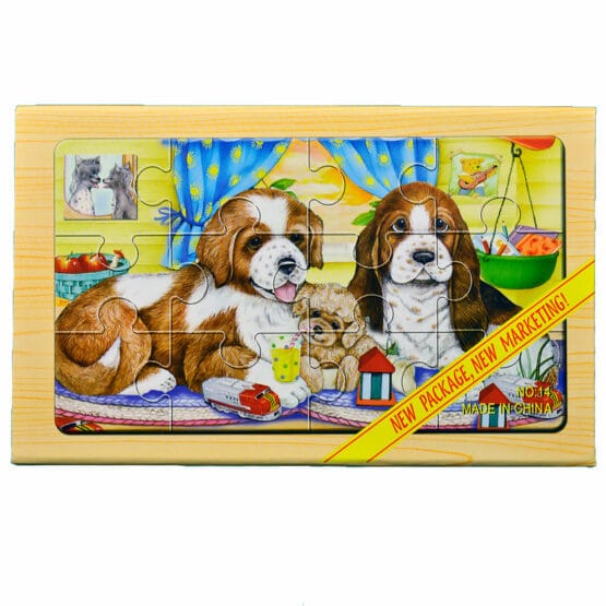 Puzzle lemn „Catelusi” – 4 planse * 12 piese, cutie cu inchidere magnet
