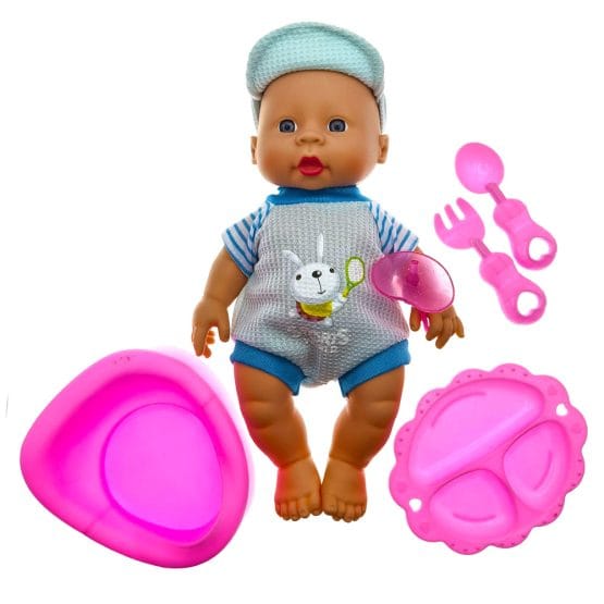 Bebelus 24 cm cu sunete, olita si accesorii mancare roz