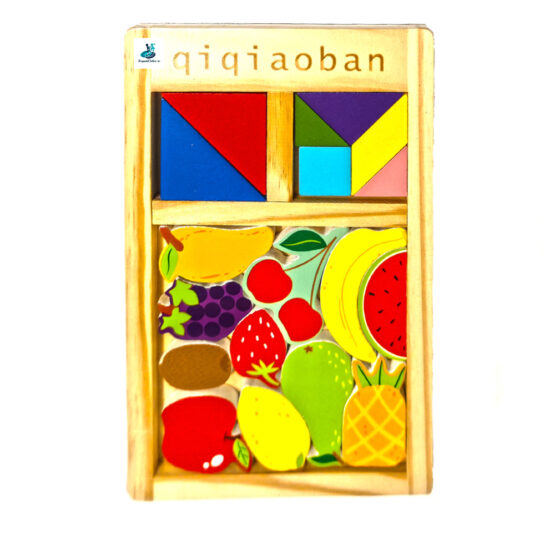Puzzle tip tetris cu mini tangram si fructe din lemn 28 cm