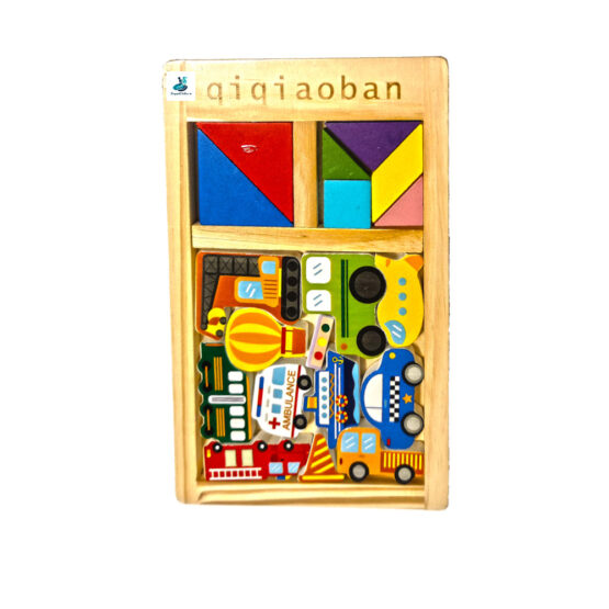 Puzzle tip tetris cu mini tangram si masinute din lemn 28 cm