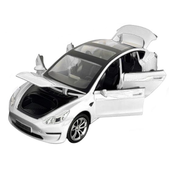 Masinuta metalica 20 cm, 1:24 Tesla Model 3, alba, deschidere usi, capota, portbagaj, lumini si sunet